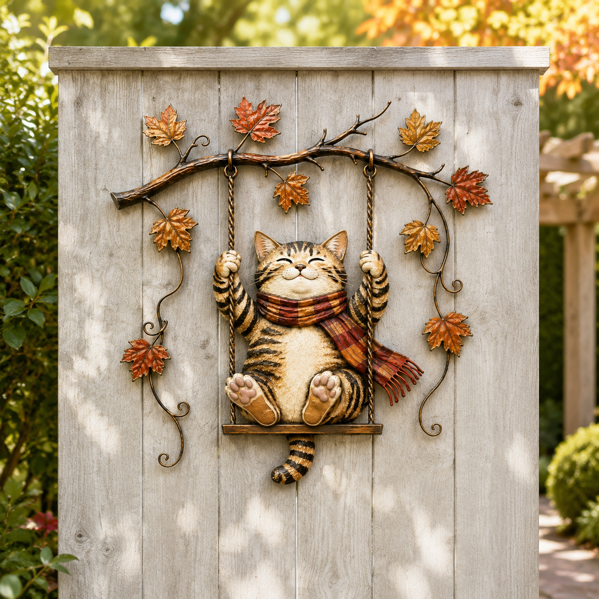 🍂 Cozy Cat Swing Fall Wall Art – Rustic Autumn Metal Home Decor