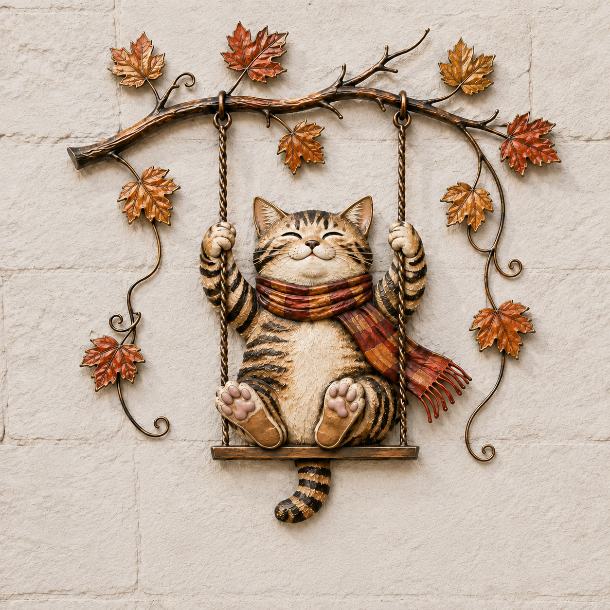🍂 Cozy Cat Swing Fall Wall Art – Rustic Autumn Metal Home Decor