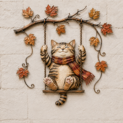 🍂 Cozy Cat Swing Fall Wall Art – Rustic Autumn Metal Home Decor