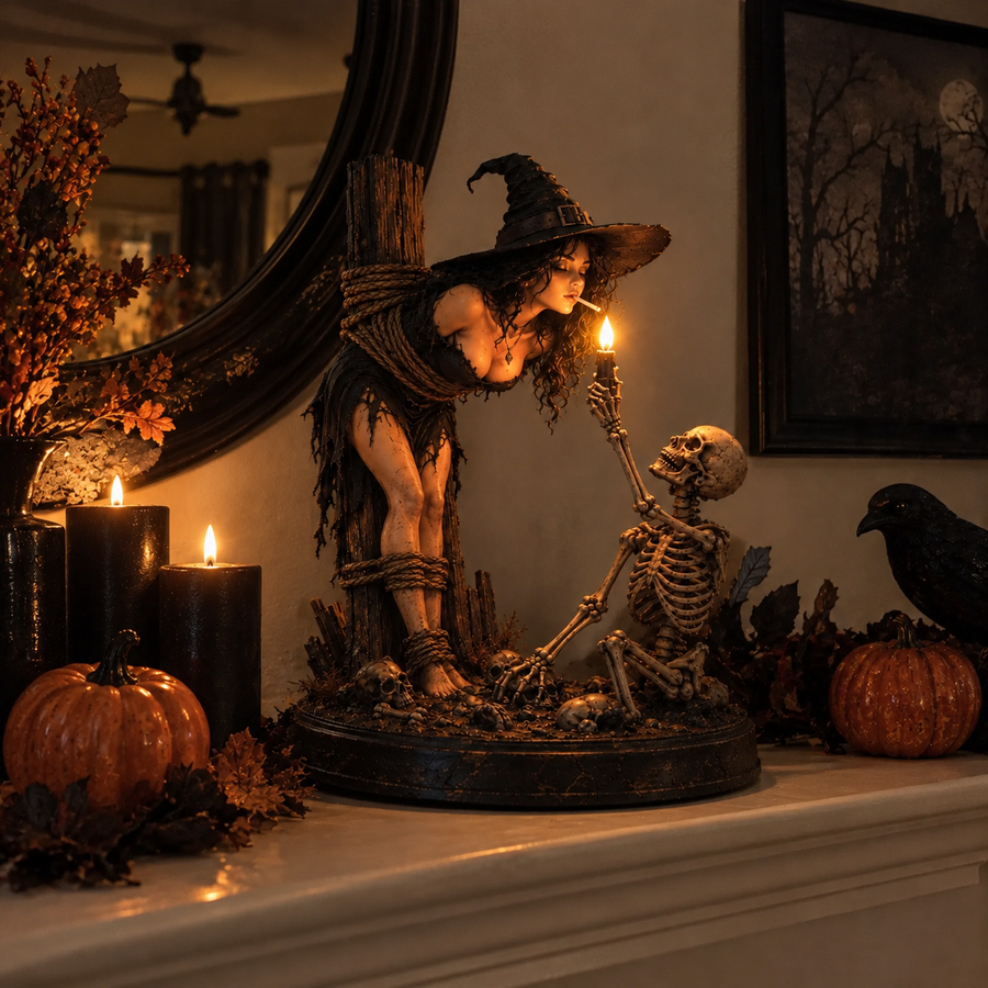 Witch skeleton Halloween entryway display