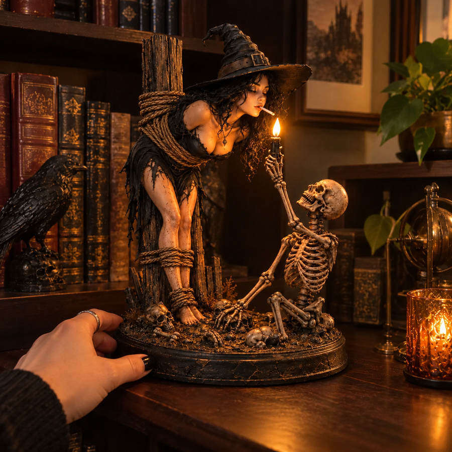Customer holding gothic witch skeleton Halloween figurine