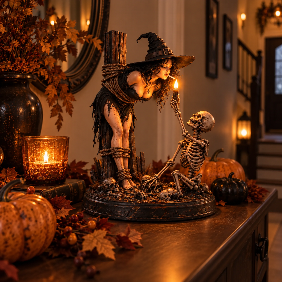Witch & Skeleton Candle Scene Figurine – Dark Gothic Halloween Tabletop Decor