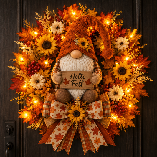🍂Lighted Fall Gnome Wreath with Remote Control – Cozy Autumn Door & Window Decor
