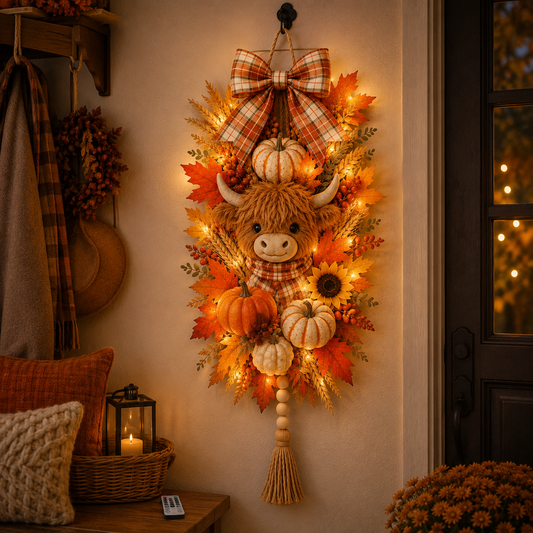 🐮🏡🍂 Highland Cow Harvest Door Decoration with Warm Lights