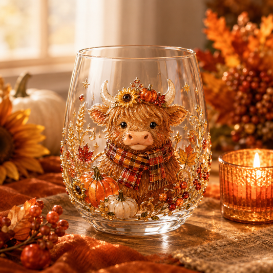 🐮🎃🍂3D Highland Buffalo Autumn Harvest Glass Art Cup