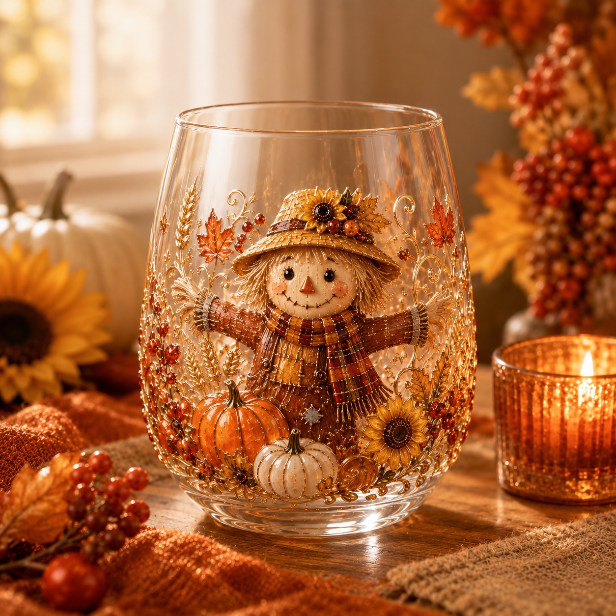 🐮🎃🍂3D Highland Buffalo Autumn Harvest Glass Art Cup