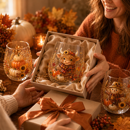 🐮🎃🍂3D Highland Buffalo Autumn Harvest Glass Art Cup
