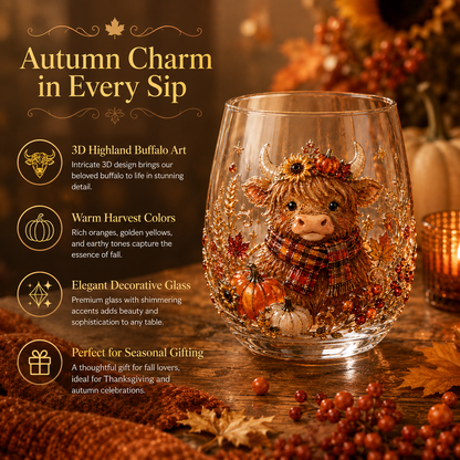 🐮🎃🍂3D Highland Buffalo Autumn Harvest Glass Art Cup