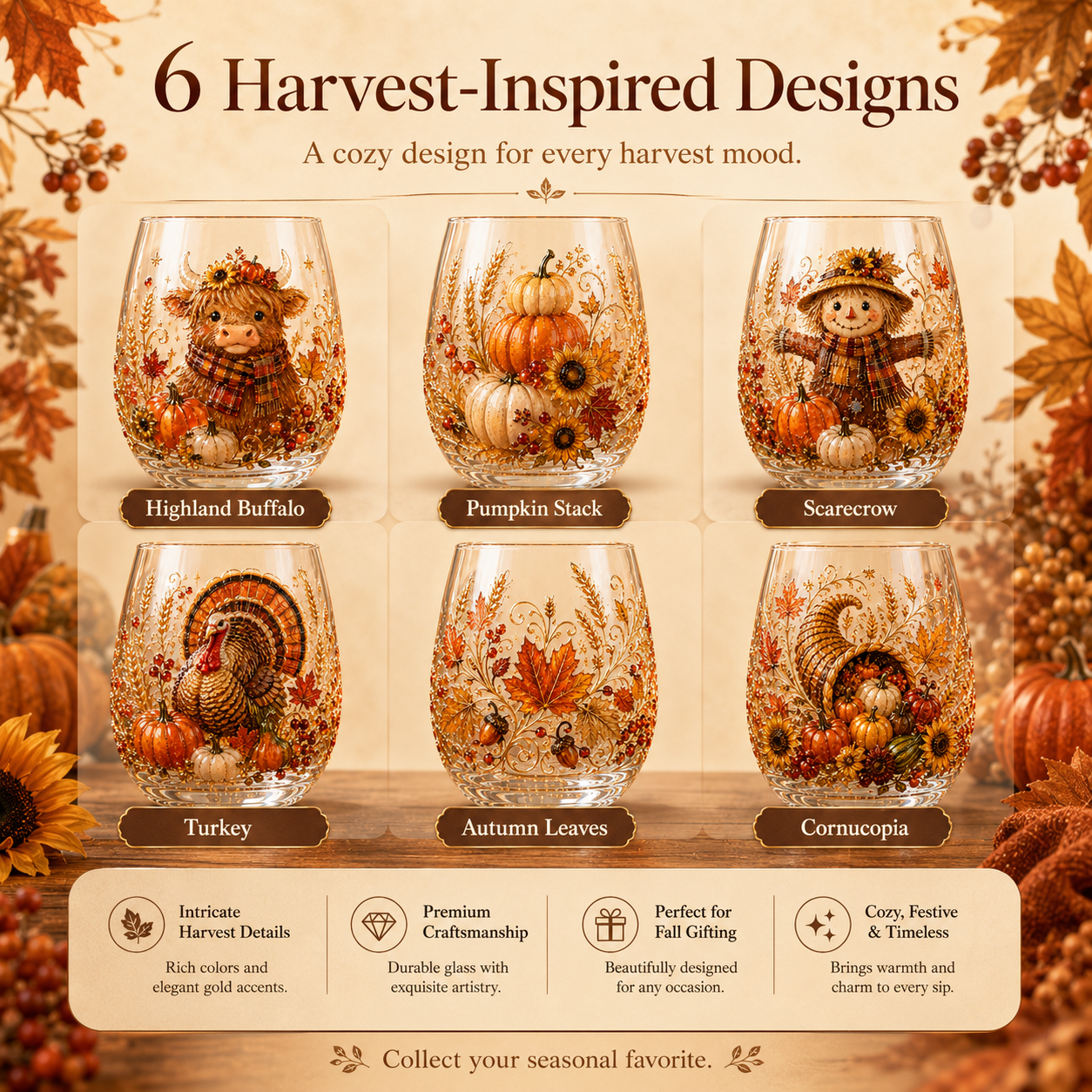 🐮🎃🍂3D Highland Buffalo Autumn Harvest Glass Art Cup