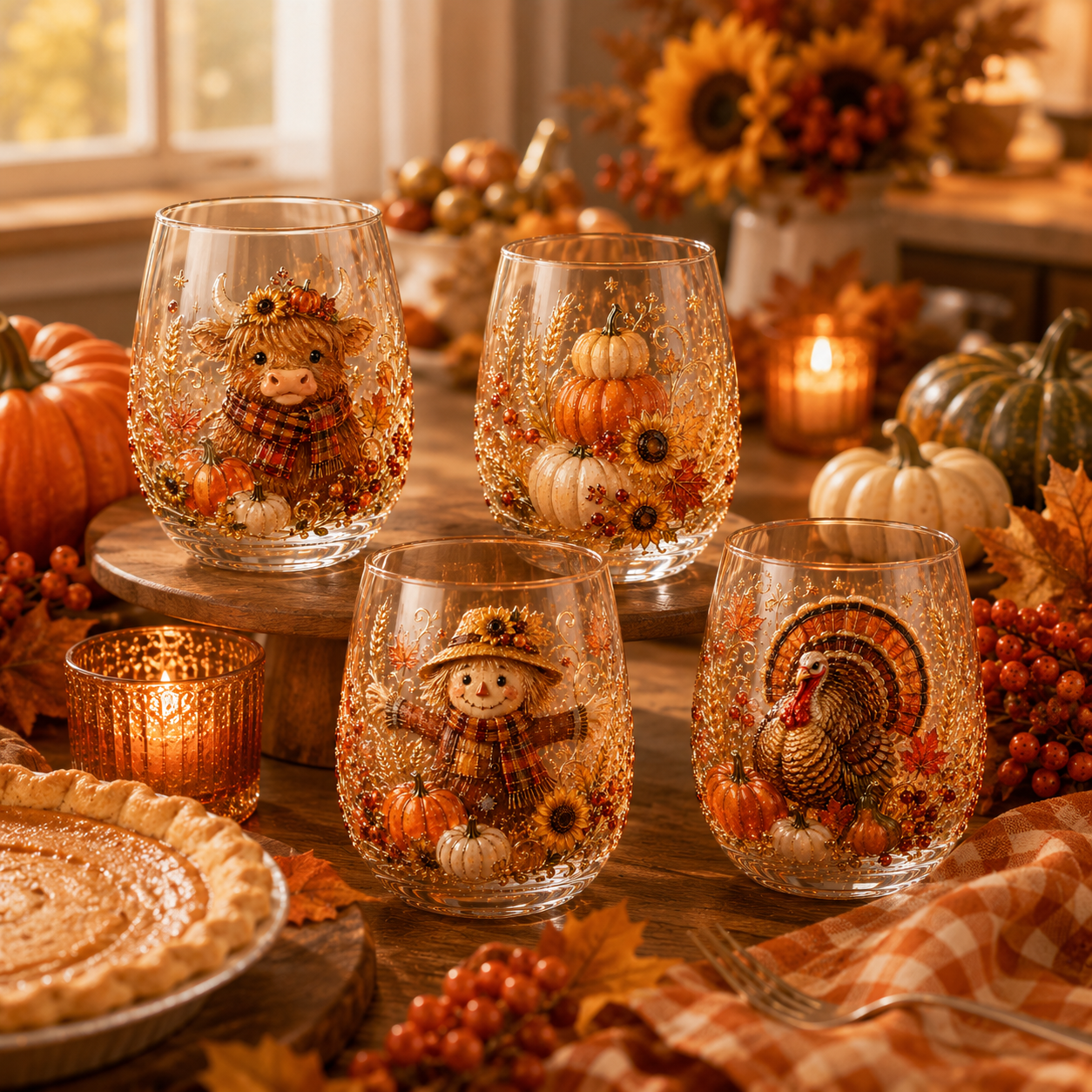 🐮🎃🍂3D Highland Buffalo Autumn Harvest Glass Art Cup