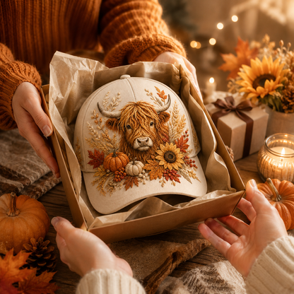 🐮🍂 3D Highland Cattle Harvest Cap for Fall