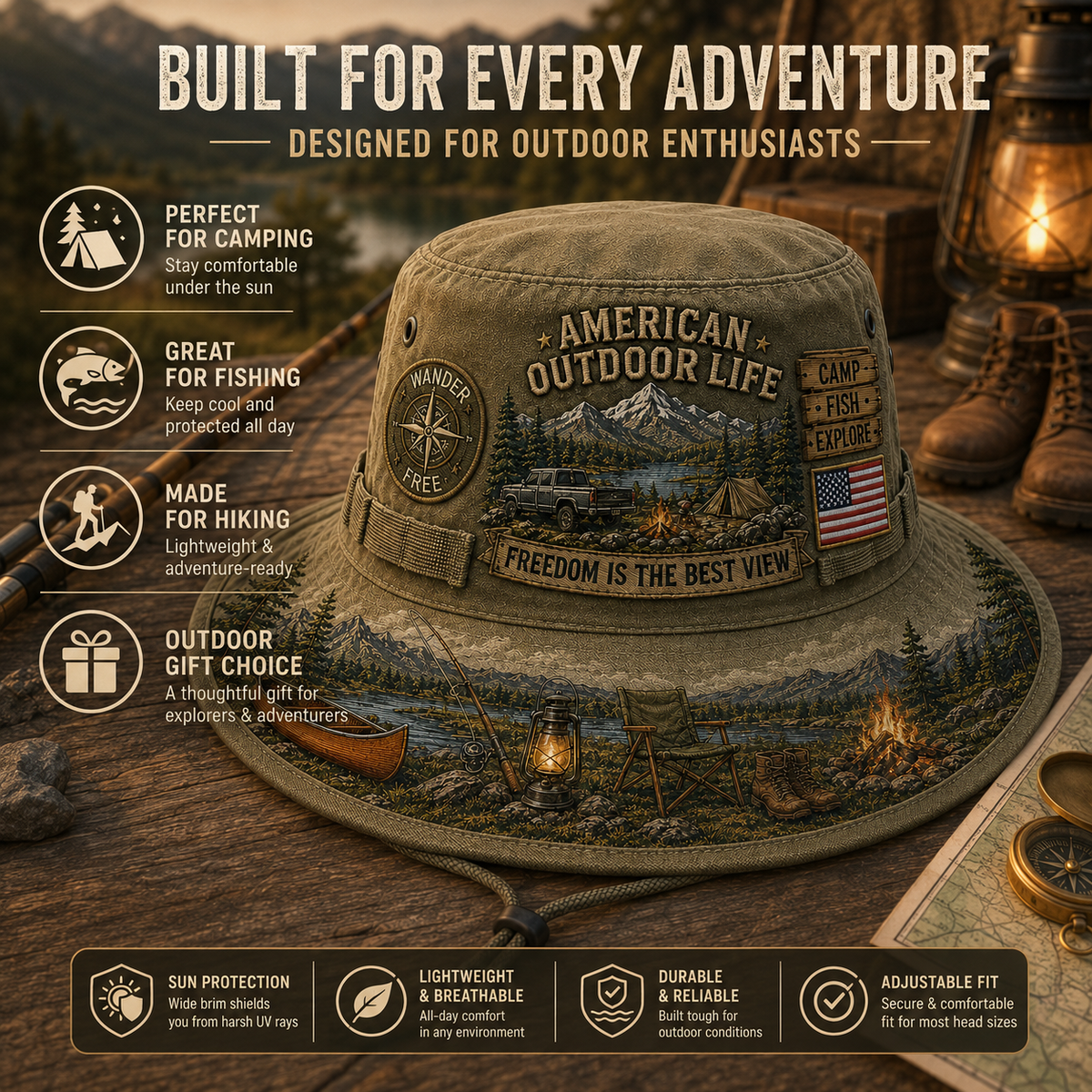 ☀️🚙American Outdoor Life Vintage Boonie Hat – Camp, Fish & Explore🎣