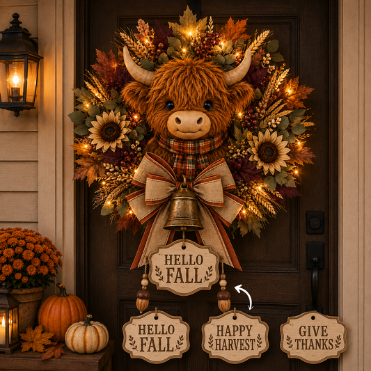 🐮🍂 Highland Cow Harvest Wreath with Warm Lights & 3 Interchangeable Plaques