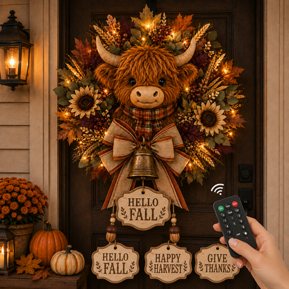 🐮🍂 Highland Cow Harvest Wreath with Warm Lights & 3 Interchangeable Plaques