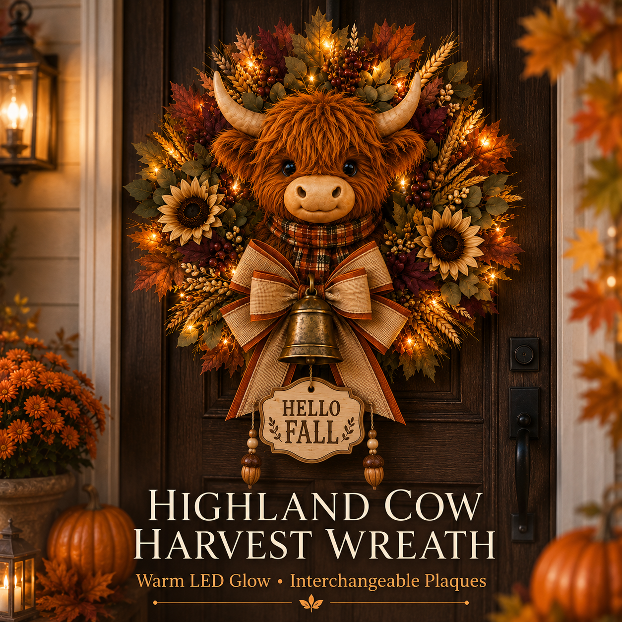 🐮🍂 Highland Cow Harvest Wreath with Warm Lights & 3 Interchangeable Plaques