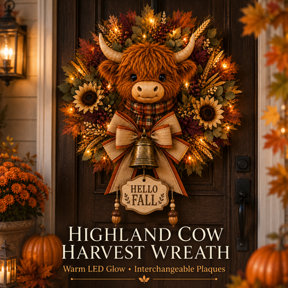 🐮🍂 Highland Cow Harvest Wreath with Warm Lights & 3 Interchangeable Plaques