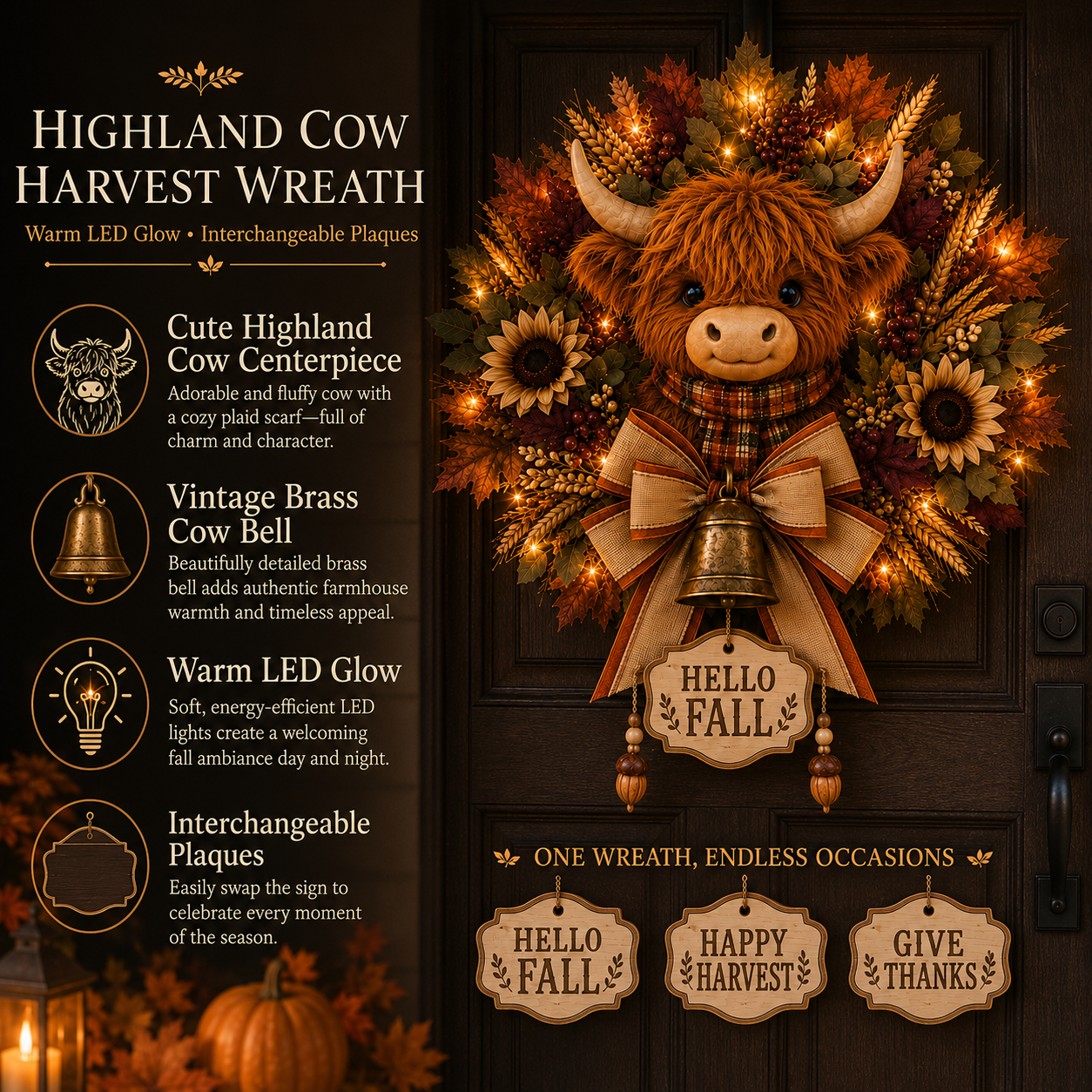 🐮🍂 Highland Cow Harvest Wreath with Warm Lights & 3 Interchangeable Plaques
