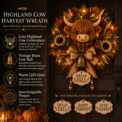 🐮🍂 Highland Cow Harvest Wreath with Warm Lights & 3 Interchangeable Plaques