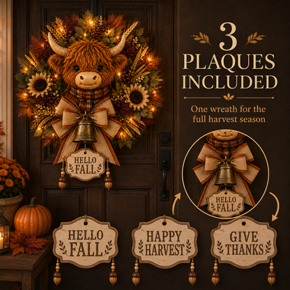🐮🍂 Highland Cow Harvest Wreath with Warm Lights & 3 Interchangeable Plaques