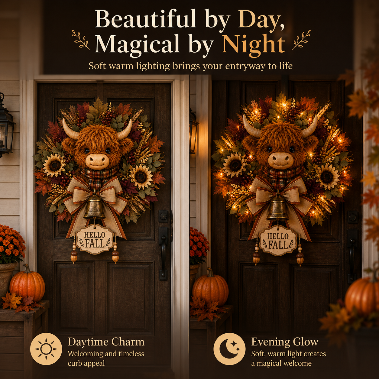 🐮🍂 Highland Cow Harvest Wreath with Warm Lights & 3 Interchangeable Plaques