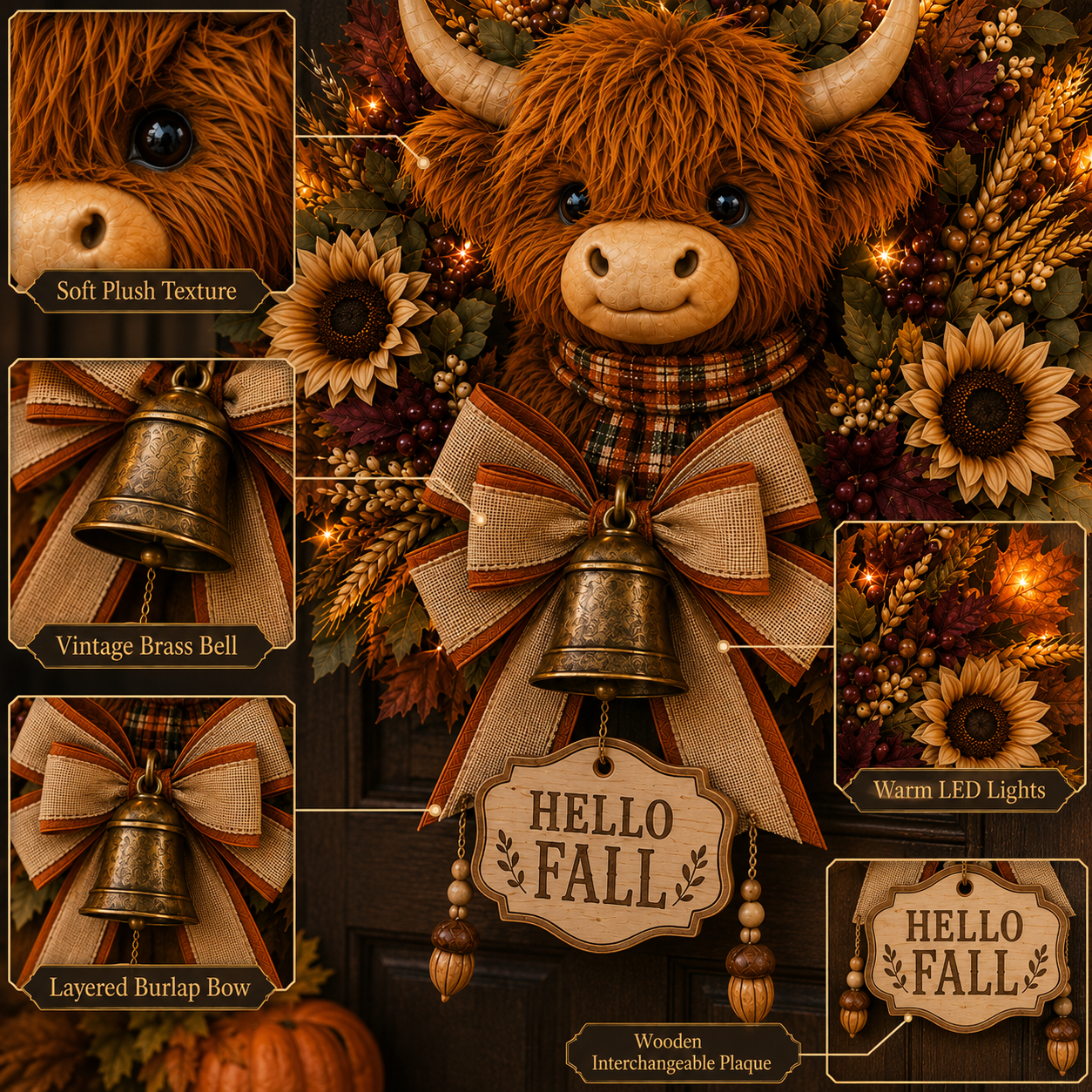 🐮🍂 Highland Cow Harvest Wreath with Warm Lights & 3 Interchangeable Plaques