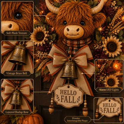 🐮🍂 Highland Cow Harvest Wreath with Warm Lights & 3 Interchangeable Plaques