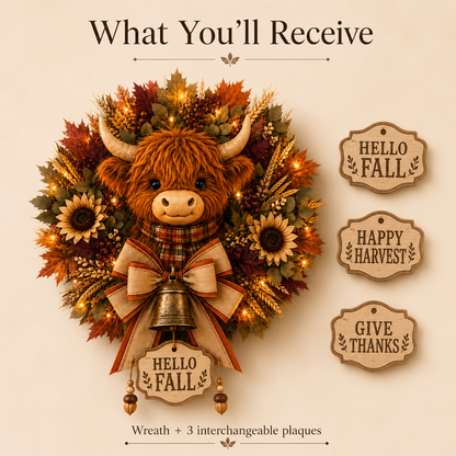 🐮🍂 Highland Cow Harvest Wreath with Warm Lights & 3 Interchangeable Plaques