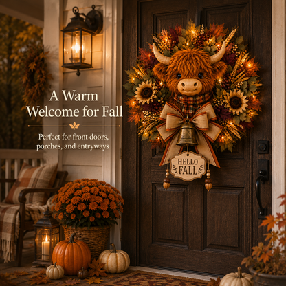 🐮🍂 Highland Cow Harvest Wreath with Warm Lights & 3 Interchangeable Plaques