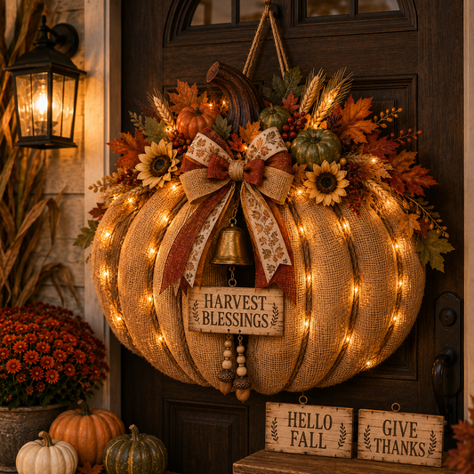 🎃🍂 3-in-1 Lighted Harvest Pumpkin Wreath with Interchangeable Signs