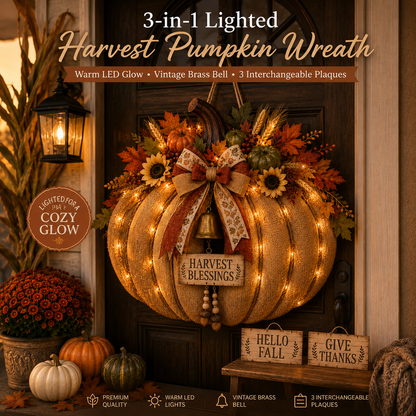 🎃🍂 3-in-1 Lighted Harvest Pumpkin Wreath with Interchangeable Signs