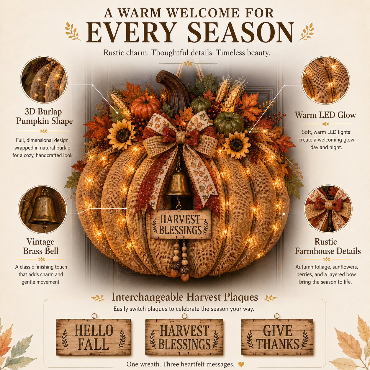🎃🍂 3-in-1 Lighted Harvest Pumpkin Wreath with Interchangeable Signs