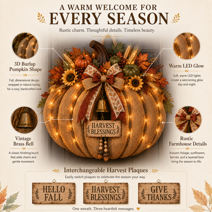 🎃🍂 3-in-1 Lighted Harvest Pumpkin Wreath with Interchangeable Signs
