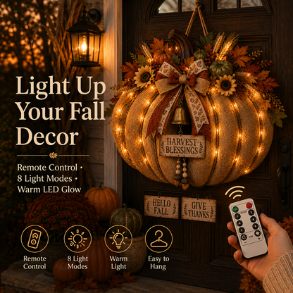 🎃🍂 3-in-1 Lighted Harvest Pumpkin Wreath with Interchangeable Signs