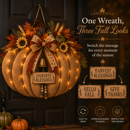 🎃🍂 3-in-1 Lighted Harvest Pumpkin Wreath with Interchangeable Signs