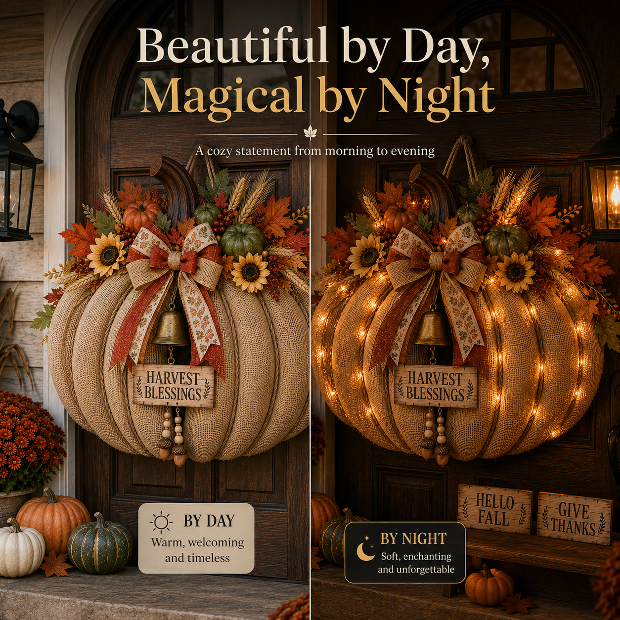 🎃🍂 3-in-1 Lighted Harvest Pumpkin Wreath with Interchangeable Signs