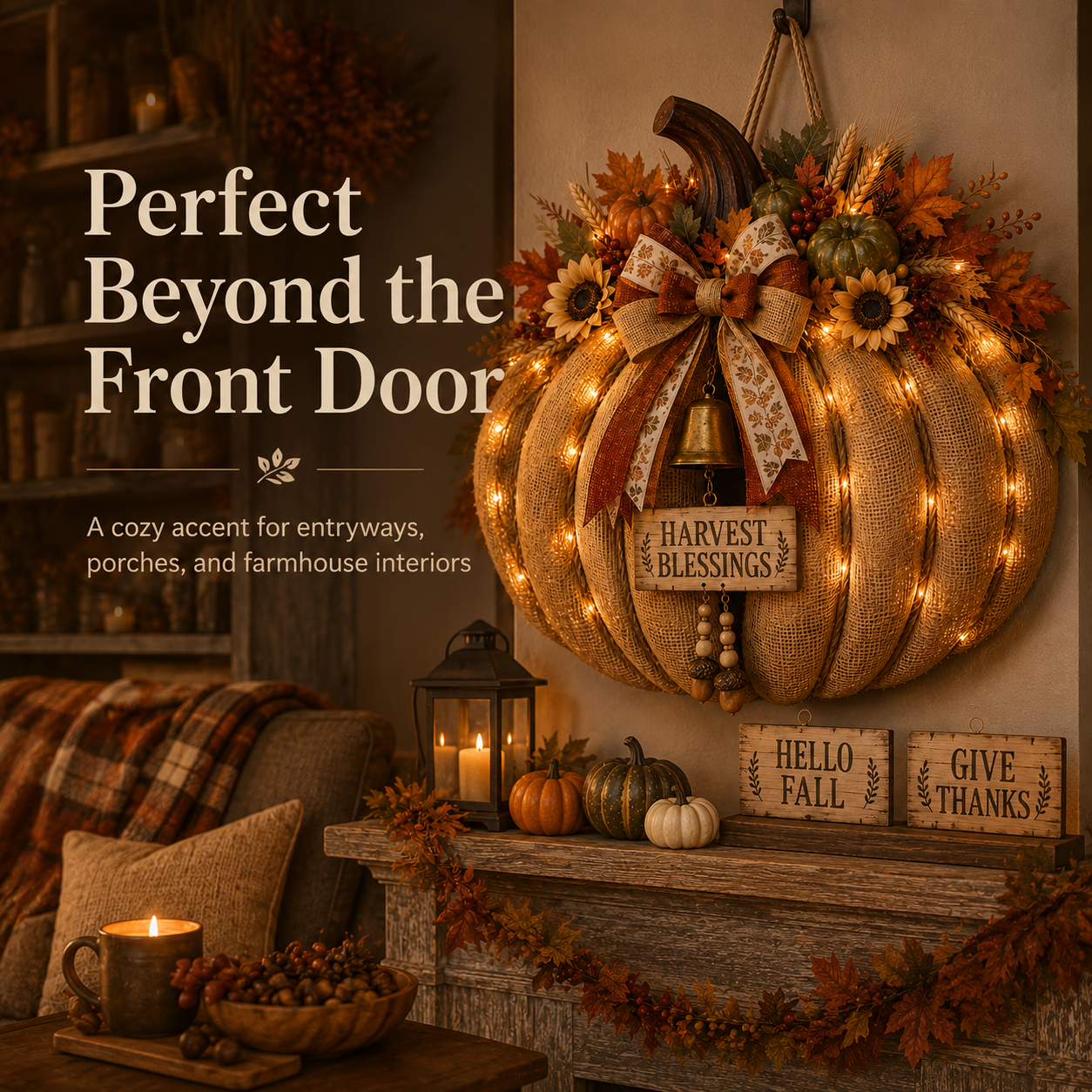 🎃🍂 3-in-1 Lighted Harvest Pumpkin Wreath with Interchangeable Signs