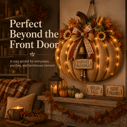🎃🍂 3-in-1 Lighted Harvest Pumpkin Wreath with Interchangeable Signs