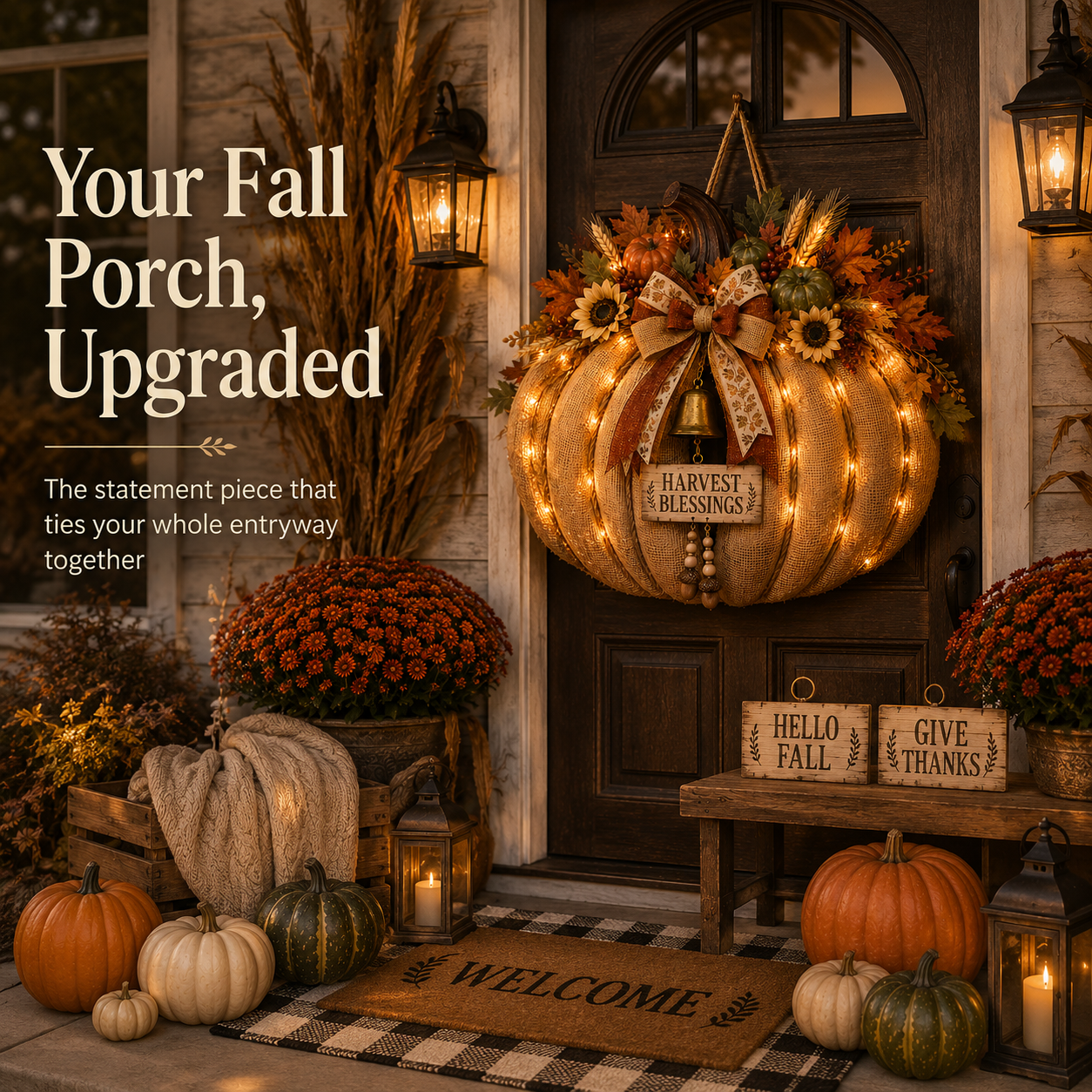 🎃🍂 3-in-1 Lighted Harvest Pumpkin Wreath with Interchangeable Signs