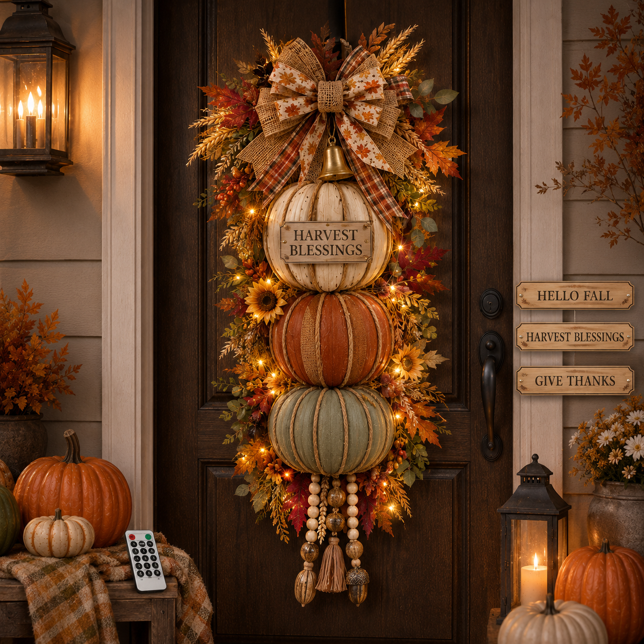 Lighted Stacked Pumpkin Fall Door Decor with 3 Seasonal Plaques