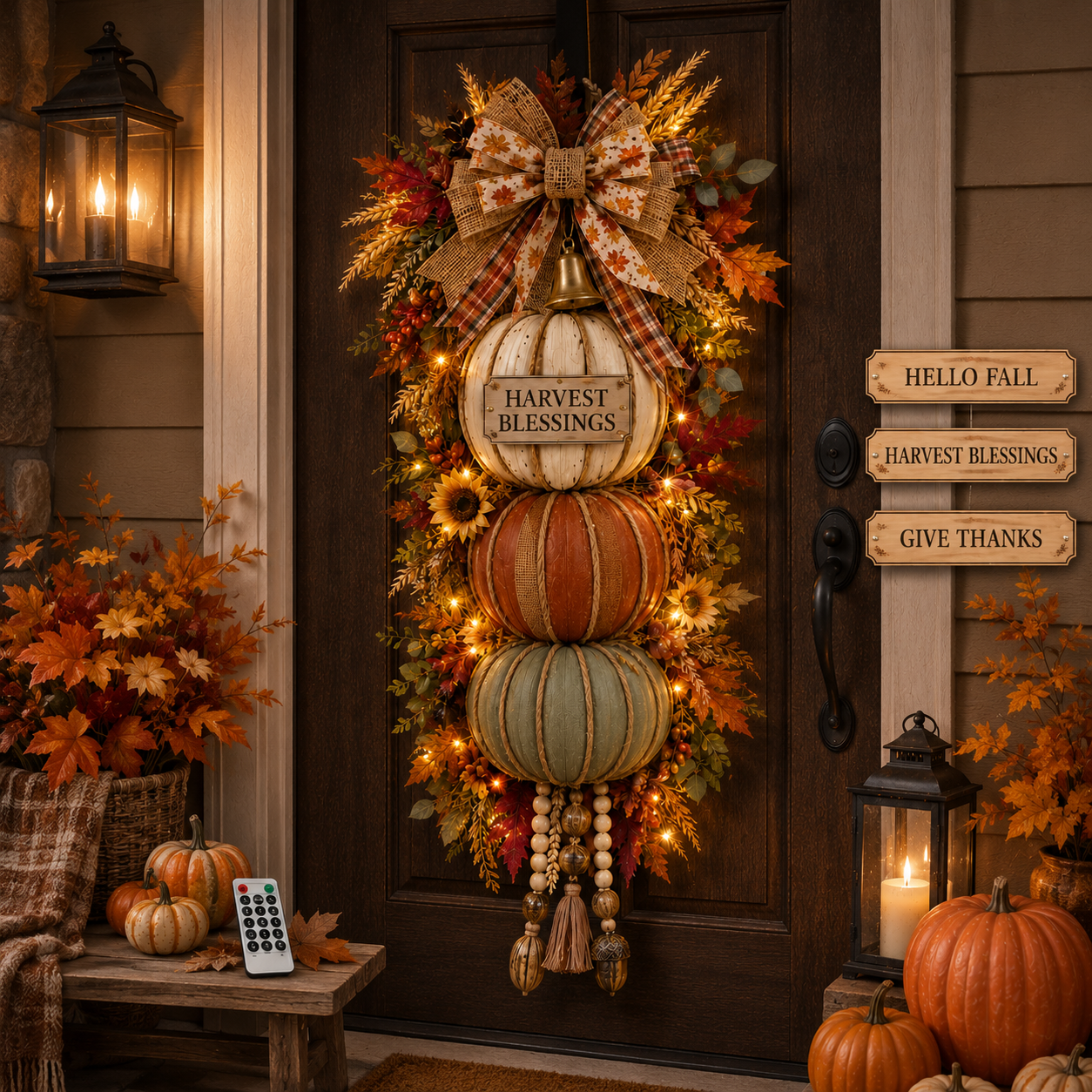 Lighted Stacked Pumpkin Fall Door Decor with 3 Seasonal Plaques