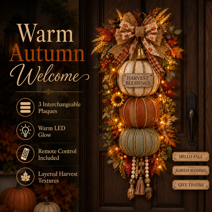Lighted Stacked Pumpkin Fall Door Decor with 3 Seasonal Plaques