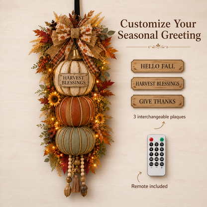 Lighted Stacked Pumpkin Fall Door Decor with 3 Seasonal Plaques
