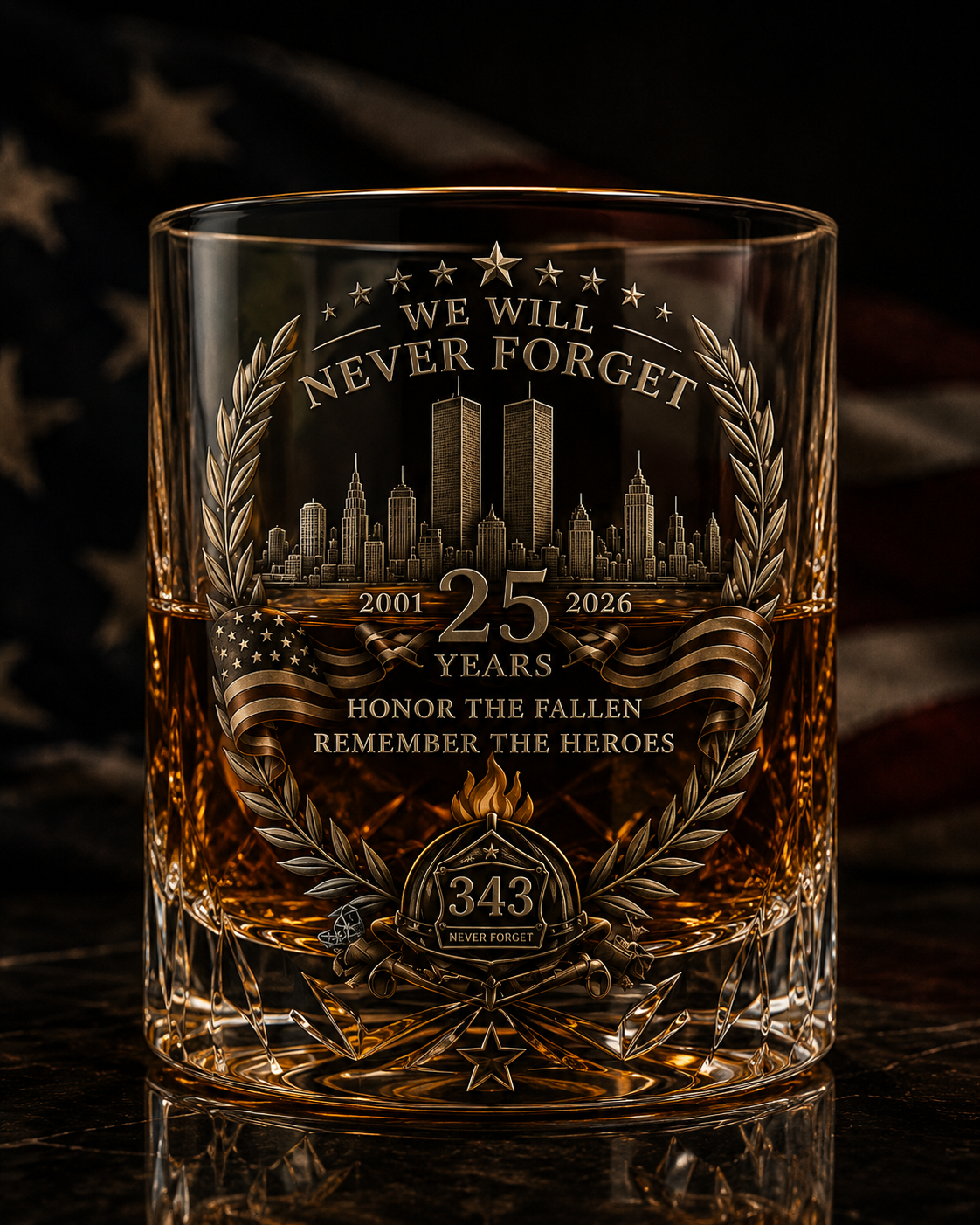 343 Heroes memorial whiskey glass close-up