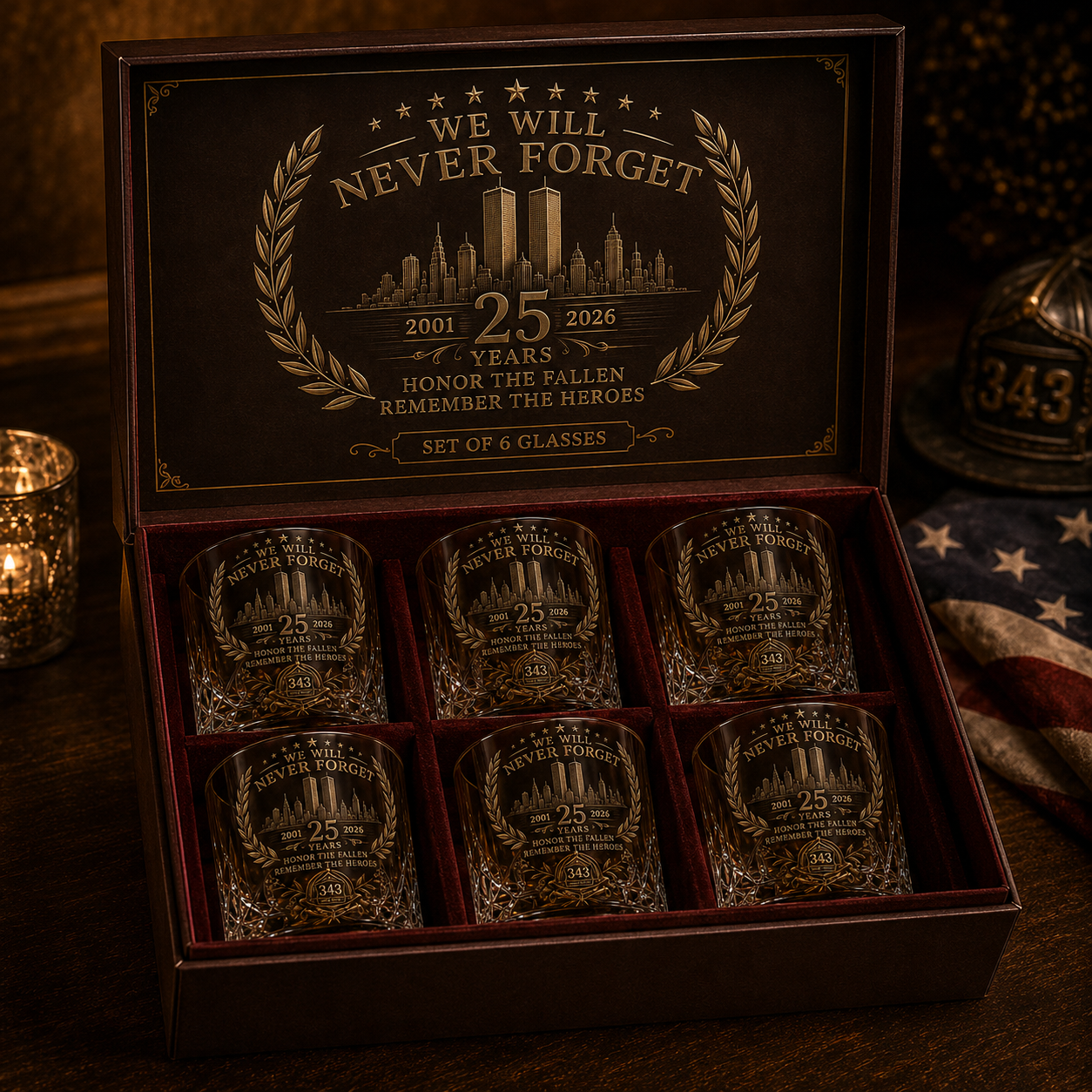 25th Anniversary Never Forget set of six memorial glasses