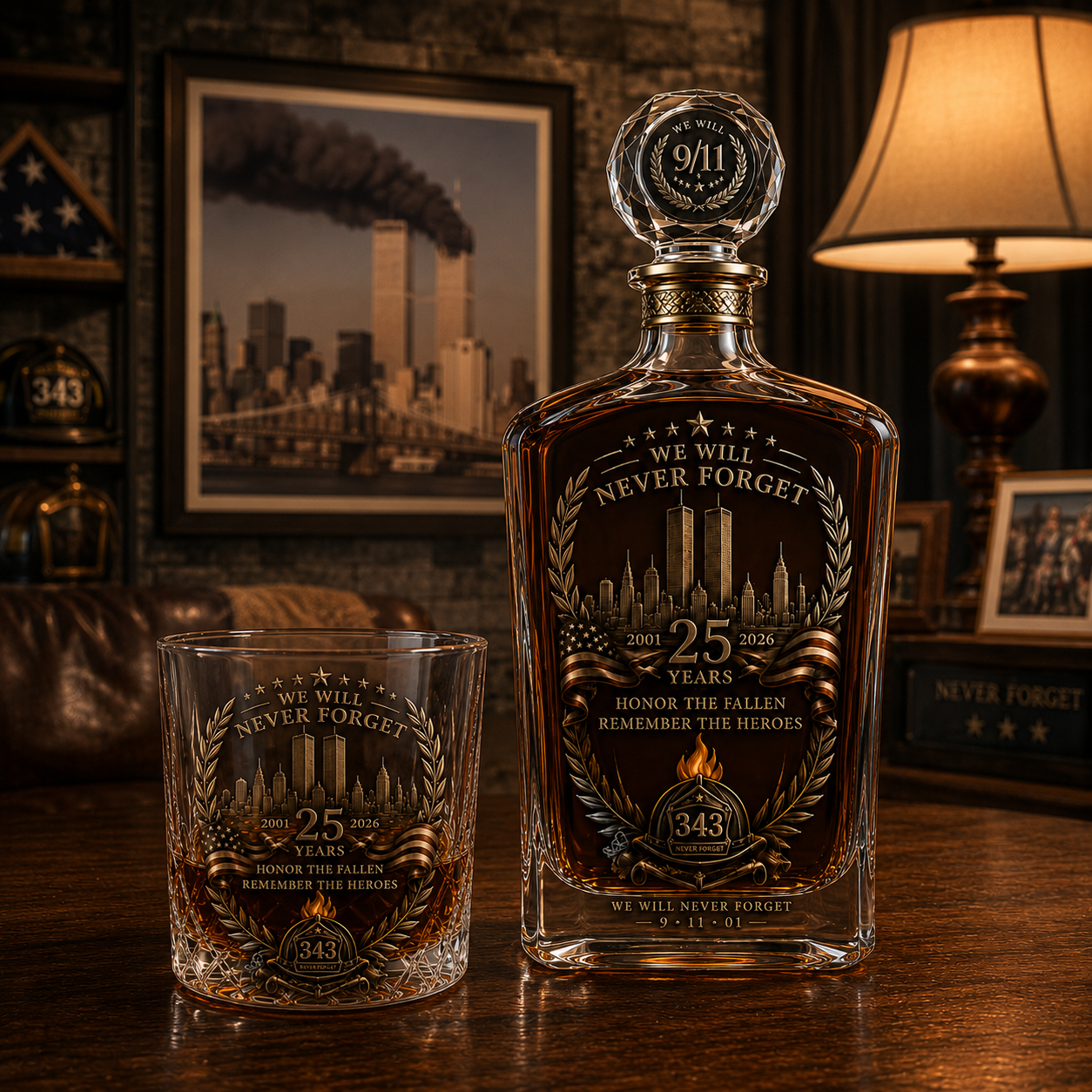 Never Forget memorial decanter and glass displayed at home