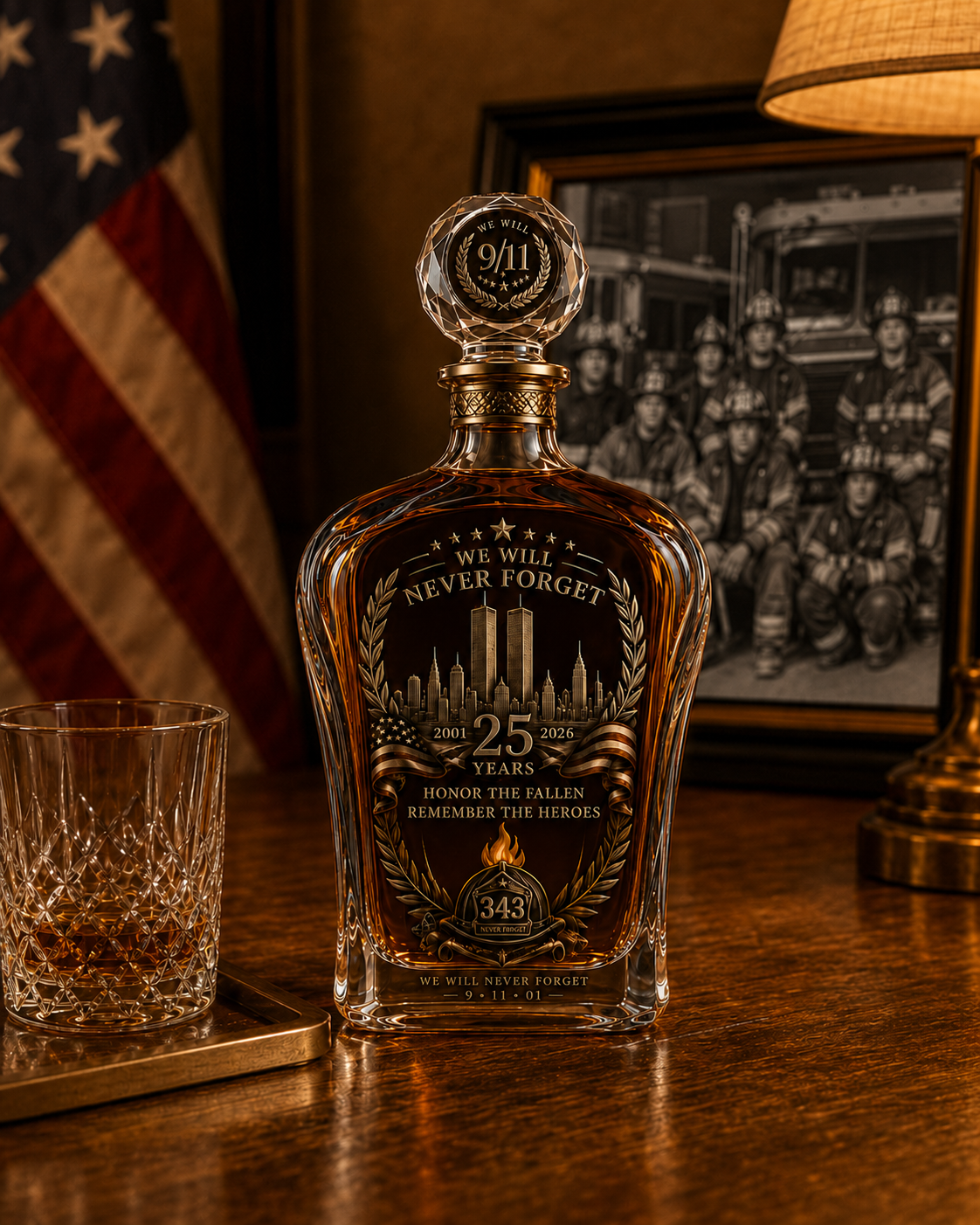 25th Anniversary Never Forget memorial decanter close view