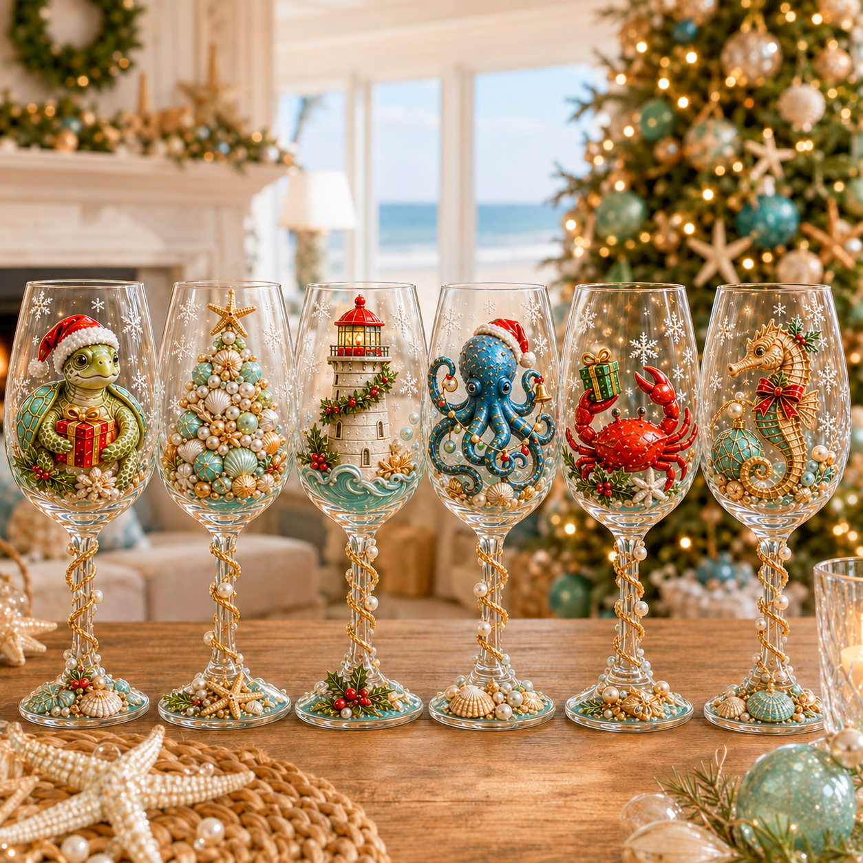 🌊🎁 Coastal Christmas 3D Collector Wine Glass Collection