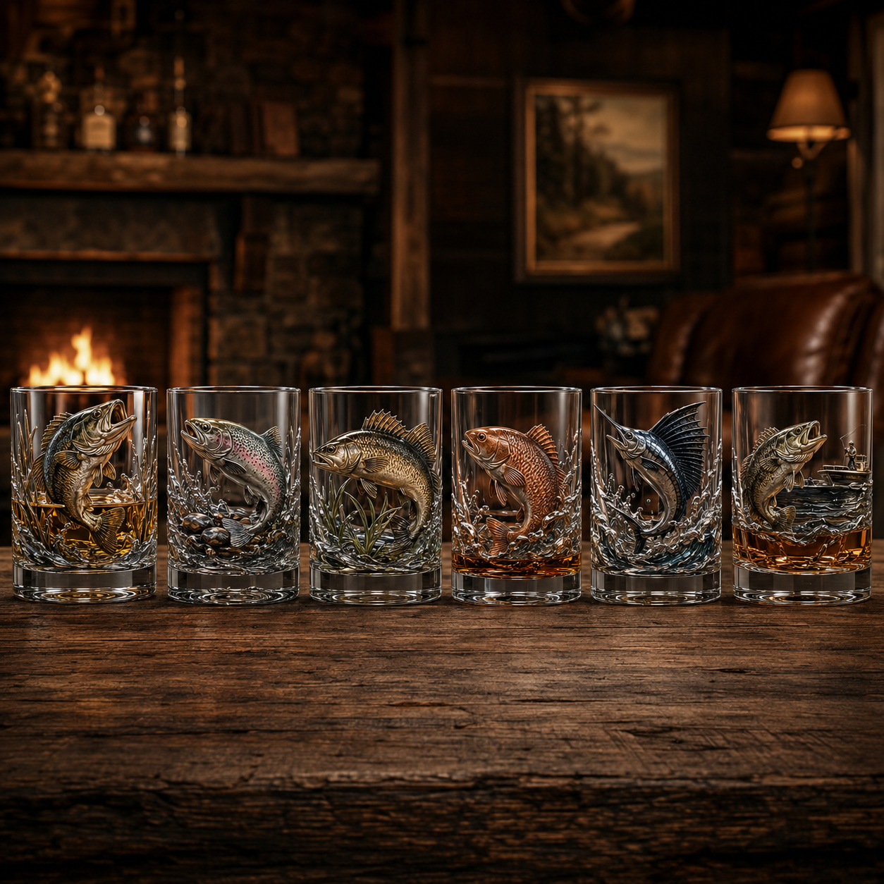 🎣 Legends of the Water – 3D Double Old-Fashioned Fishing Whiskey Glass Collection 🥃