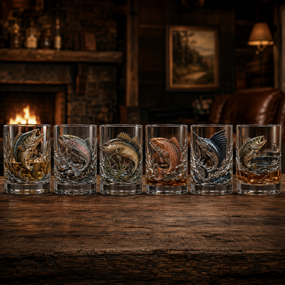 🎣 Legends of the Water – 3D Double Old-Fashioned Fishing Whiskey Glass Collection 🥃