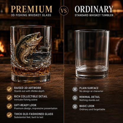 🎣 Legends of the Water – 3D Double Old-Fashioned Fishing Whiskey Glass Collection 🥃